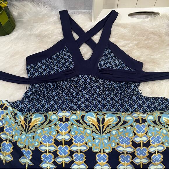 Deletta x Anthropologie Empire Fit Flare Plunge Halter Belted Boho Midi Dress S - Picture 7 of 16